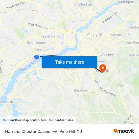 Harrah's Chester Casino to Pine Hill, NJ map