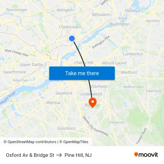 Oxford Av & Bridge St to Pine Hill, NJ map