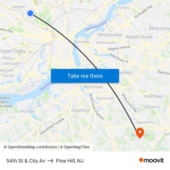 54th St & City Av to Pine Hill, NJ map