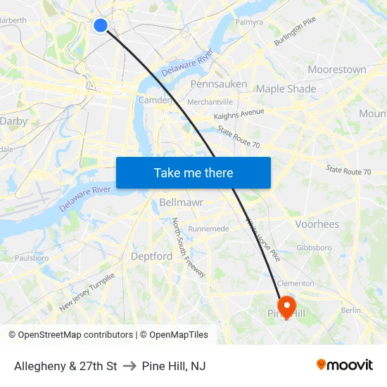 Allegheny & 27th St to Pine Hill, NJ map