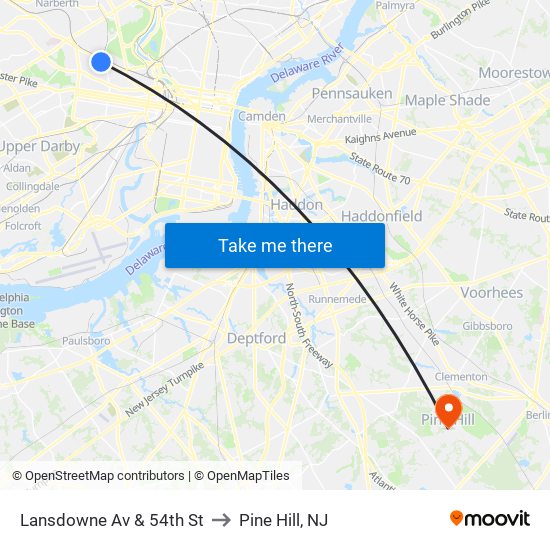 Lansdowne Av & 54th St to Pine Hill, NJ map