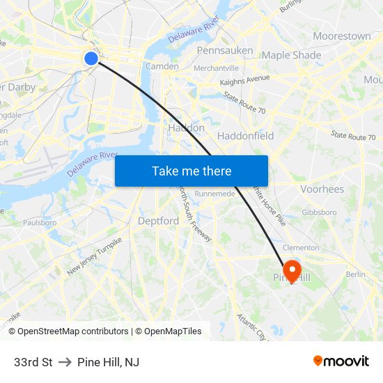 33rd St to Pine Hill, NJ map