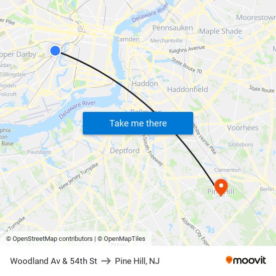 Woodland Av & 54th St to Pine Hill, NJ map