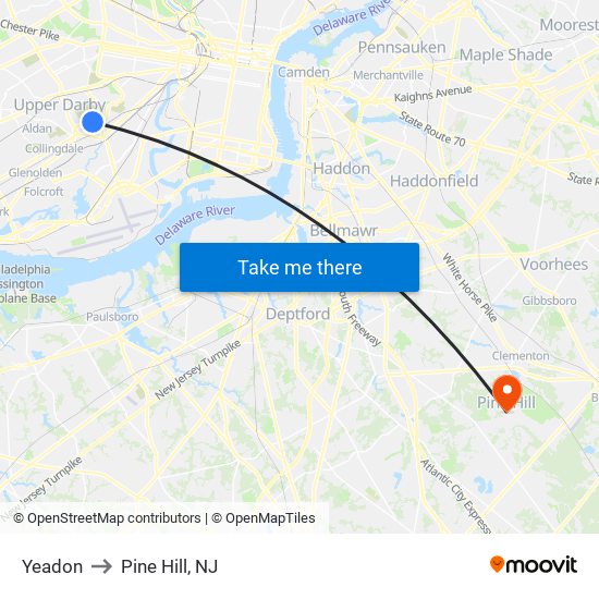 Yeadon to Pine Hill, NJ map