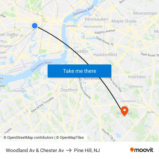 Woodland Av & Chester Av to Pine Hill, NJ map