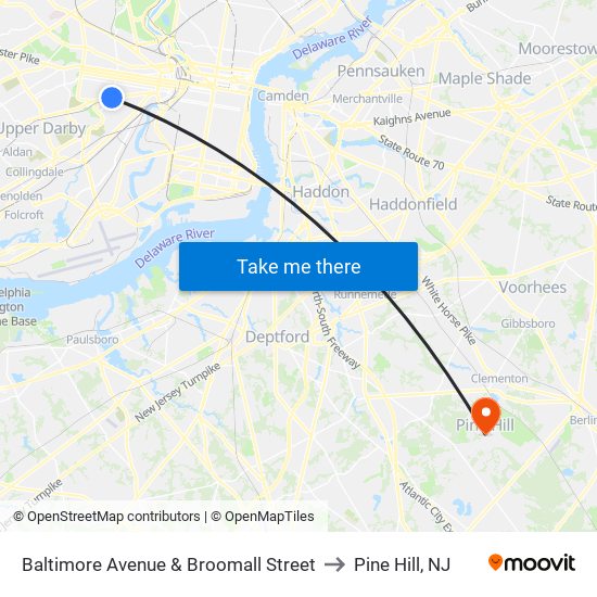 Baltimore Avenue & Broomall Street to Pine Hill, NJ map