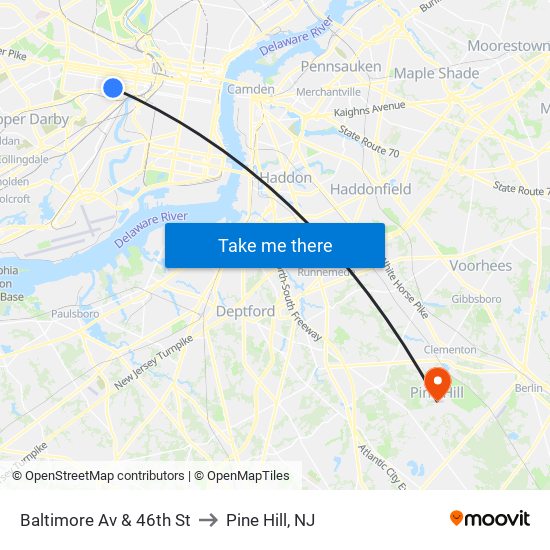 Baltimore Av & 46th St to Pine Hill, NJ map
