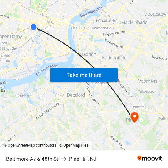 Baltimore Av & 48th St to Pine Hill, NJ map