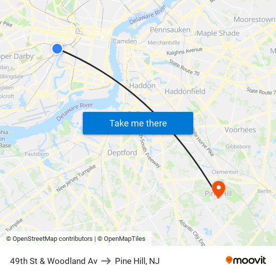 49th St & Woodland Av to Pine Hill, NJ map
