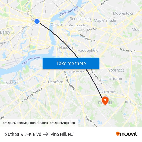 20th St & JFK Blvd to Pine Hill, NJ map