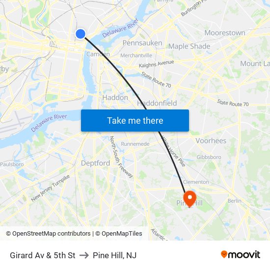 Girard Av & 5th St to Pine Hill, NJ map