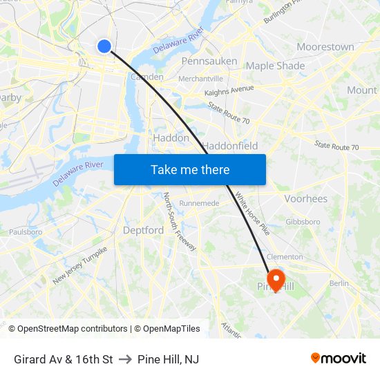 Girard Av & 16th St to Pine Hill, NJ map