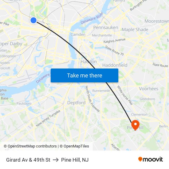 Girard Av & 49th St to Pine Hill, NJ map
