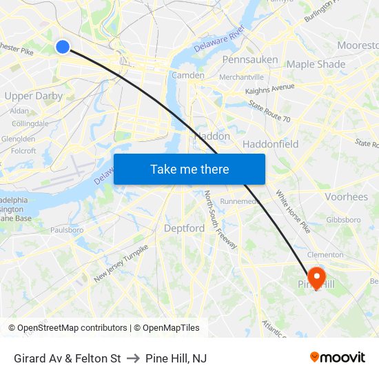 Girard Av & Felton St to Pine Hill, NJ map