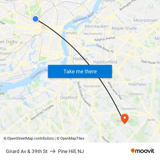 Girard Av & 39th St to Pine Hill, NJ map
