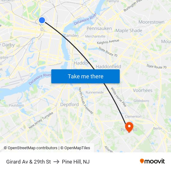 Girard Av & 29th St to Pine Hill, NJ map