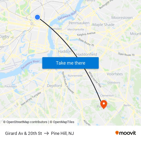 Girard Av & 20th St to Pine Hill, NJ map