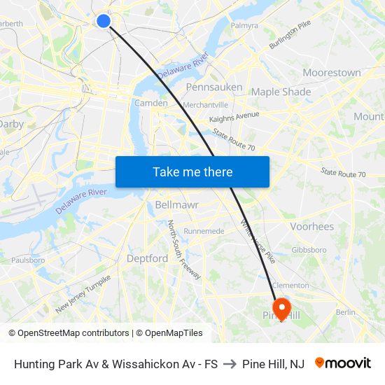 Hunting Park Av & Wissahickon Av - FS to Pine Hill, NJ map