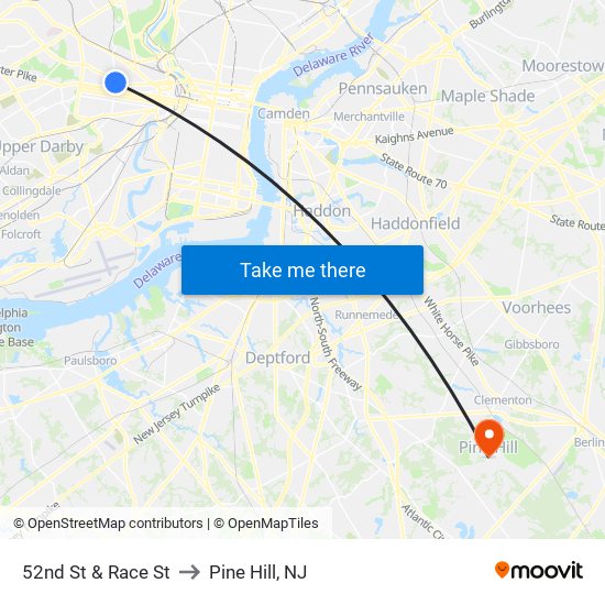 52nd St & Race St to Pine Hill, NJ map