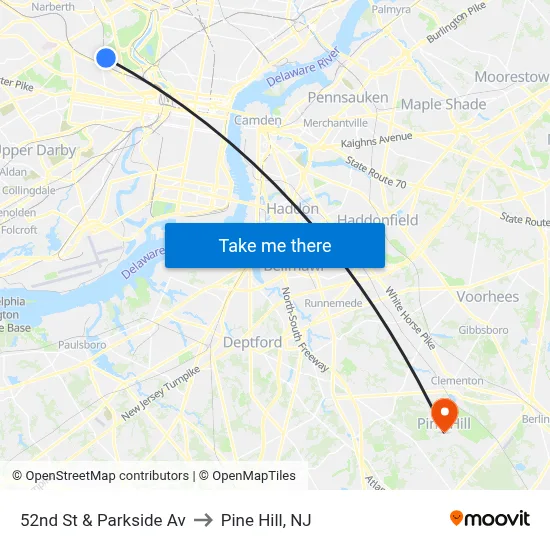 52nd St & Parkside Av to Pine Hill, NJ map