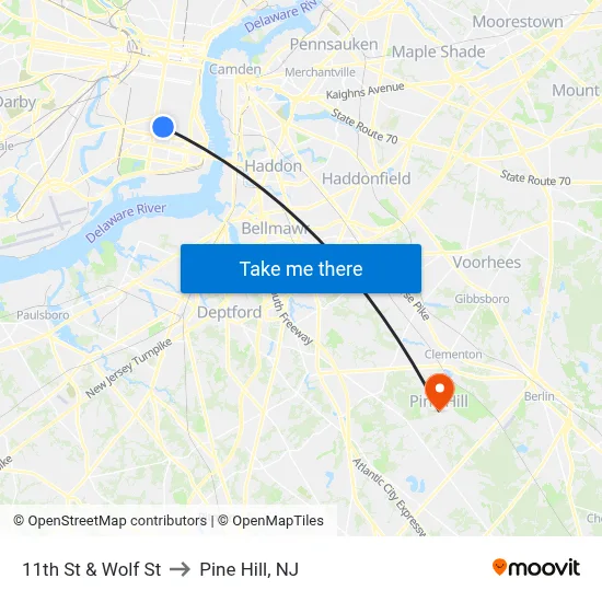 11th St & Wolf St to Pine Hill, NJ map