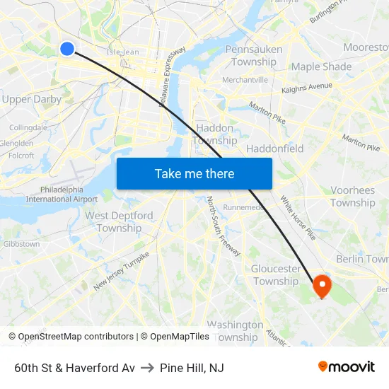 60th St & Haverford Av to Pine Hill, NJ map