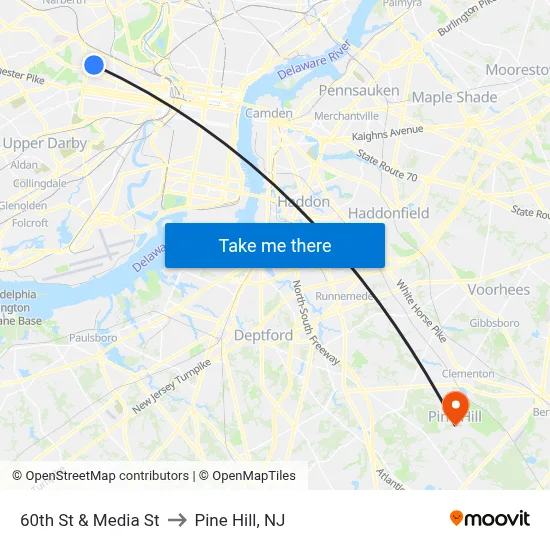 60th St & Media St to Pine Hill, NJ map