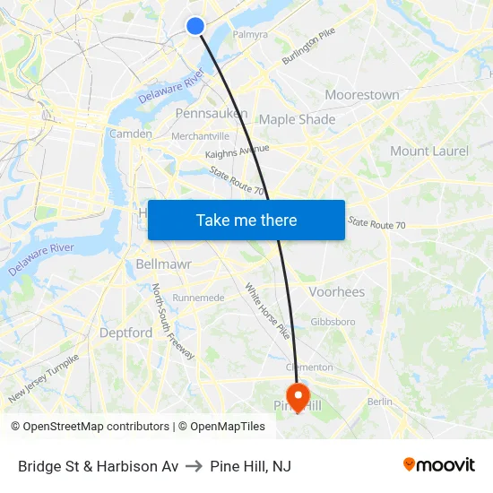 Bridge St & Harbison Av to Pine Hill, NJ map