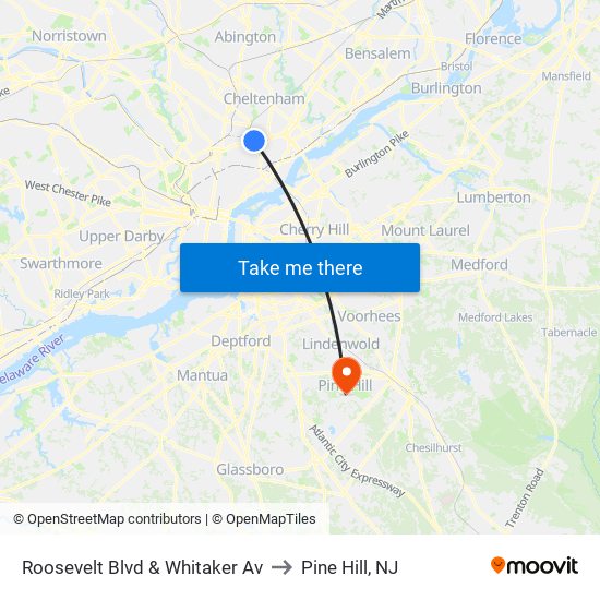 Roosevelt Blvd & Whitaker Av to Pine Hill, NJ map