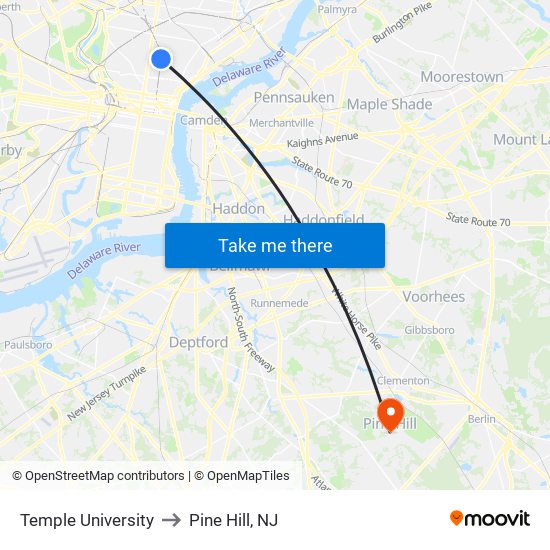 Temple University to Pine Hill, NJ map