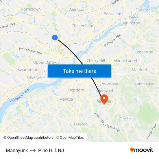 Manayunk to Pine Hill, NJ map