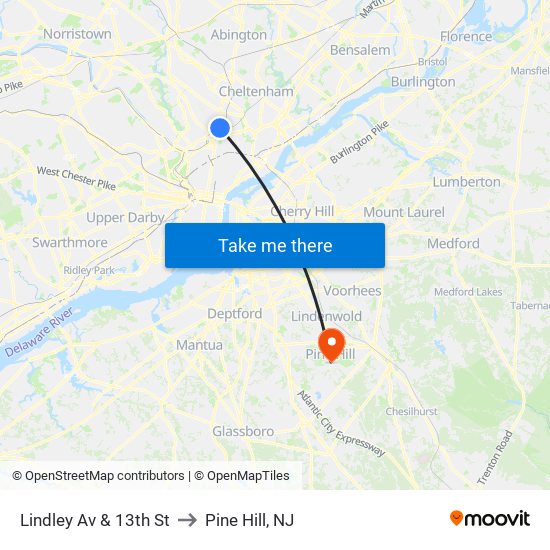 Lindley Av & 13th St to Pine Hill, NJ map
