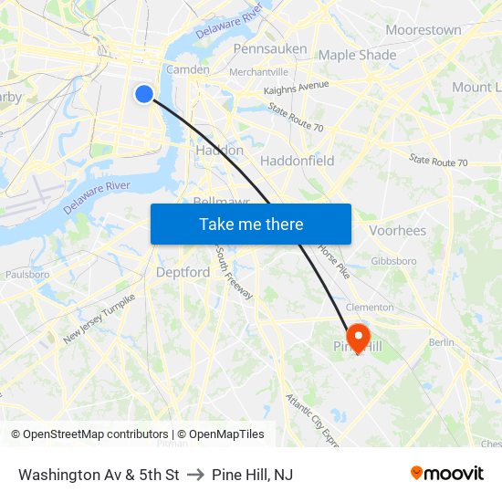 Washington Av & 5th St to Pine Hill, NJ map