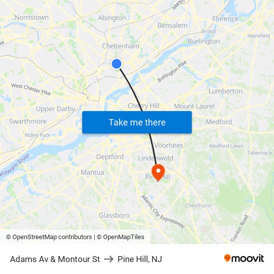 Adams Av & Montour St to Pine Hill, NJ map