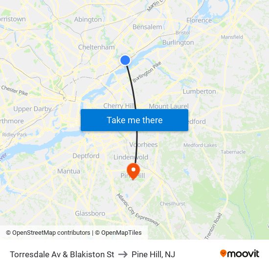 Torresdale Av & Blakiston St to Pine Hill, NJ map