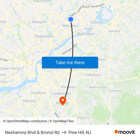 Neshaminy Blvd & Bristol Rd to Pine Hill, NJ map