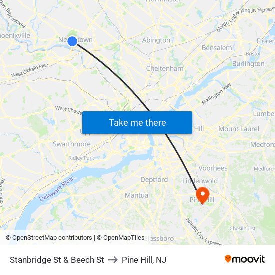 Stanbridge St & Beech St to Pine Hill, NJ map