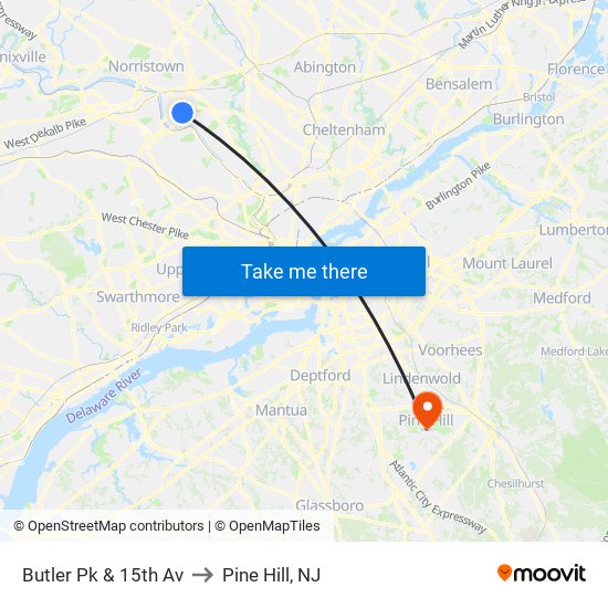 Butler Pk & 15th Av to Pine Hill, NJ map