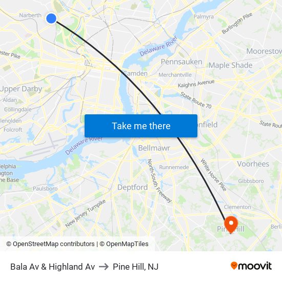 Bala Av & Highland Av to Pine Hill, NJ map