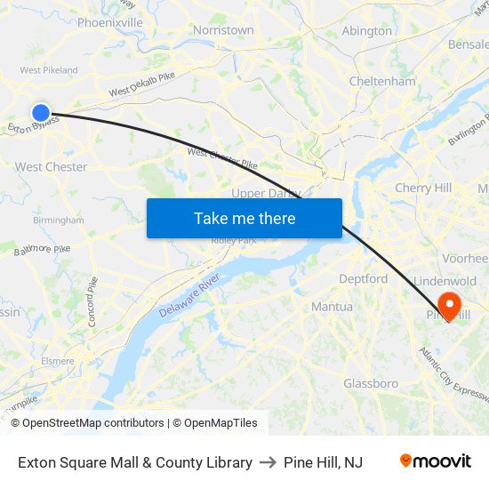 Exton Square Mall & County Library to Pine Hill, NJ map
