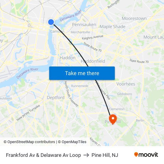Frankford Av & Delaware Av Loop to Pine Hill, NJ map
