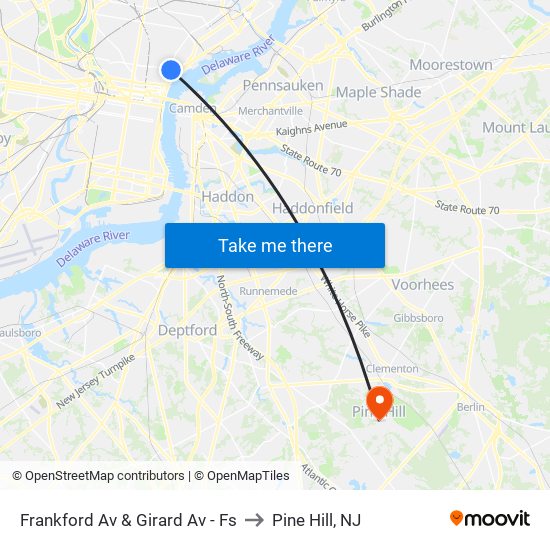 Frankford Av & Girard Av - Fs to Pine Hill, NJ map