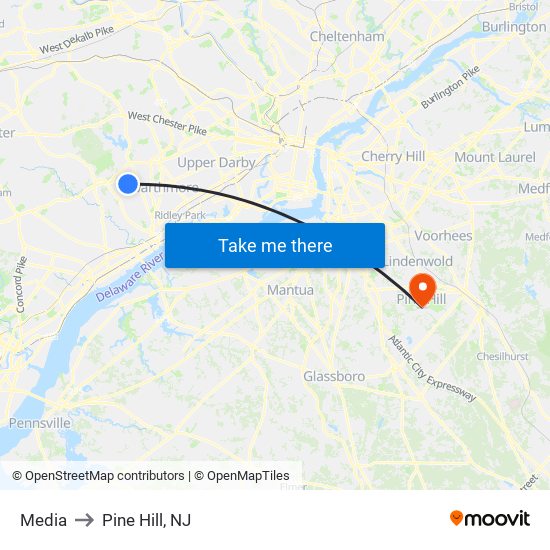 Media to Pine Hill, NJ map