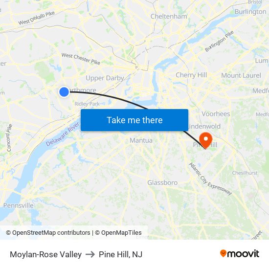 Moylan-Rose Valley to Pine Hill, NJ map