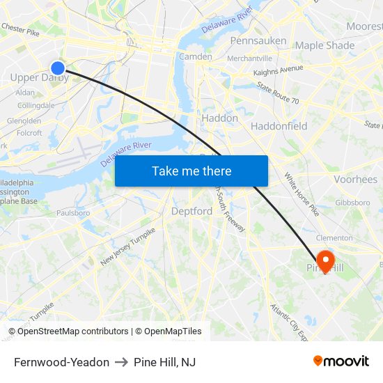 Fernwood-Yeadon to Pine Hill, NJ map