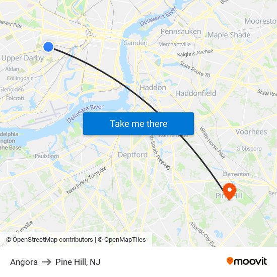 Angora to Pine Hill, NJ map