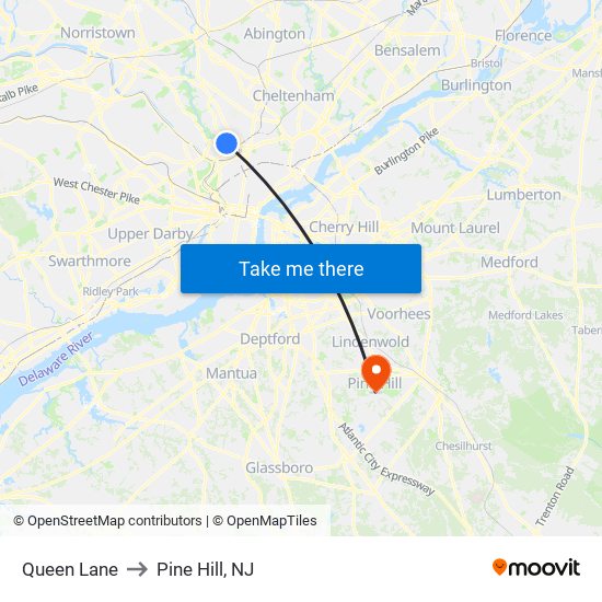 Queen Lane to Pine Hill, NJ map