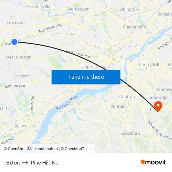 Exton to Pine Hill, NJ map