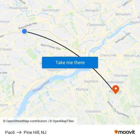 Paoli to Pine Hill, NJ map
