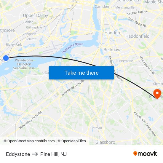 Eddystone to Pine Hill, NJ map